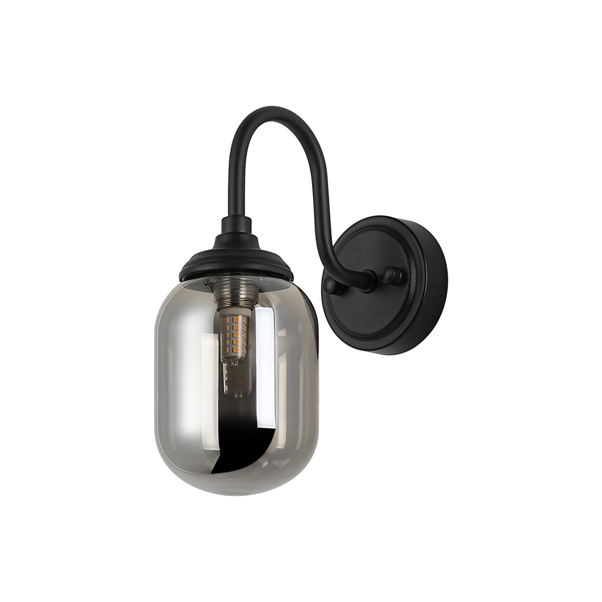Loughton IP44 Curved Arm Wall Light in Satin Black with Smooth Tubular Glass Smoked Diffuser