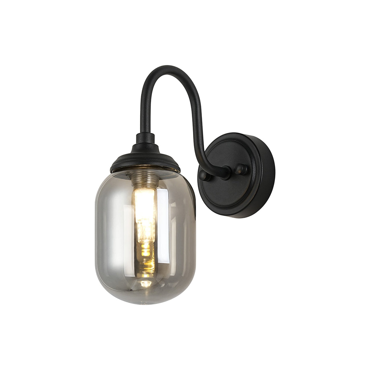 Loughton IP44 Curved Arm Wall Light in Satin Black with Smooth Tubular Glass Smoked Diffuser