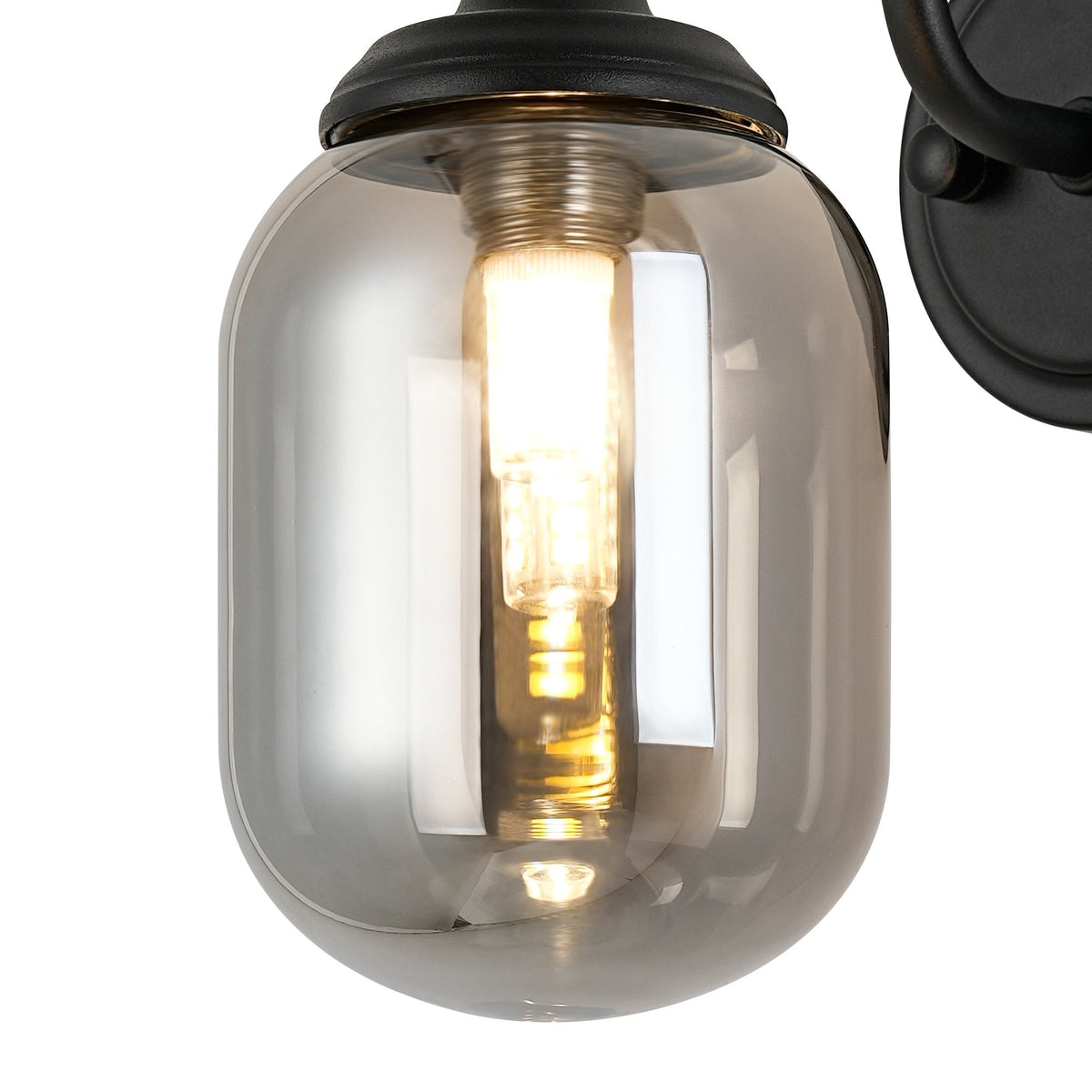 Loughton IP44 Curved Arm Wall Light in Satin Black with Smooth Tubular Glass Smoked Diffuser