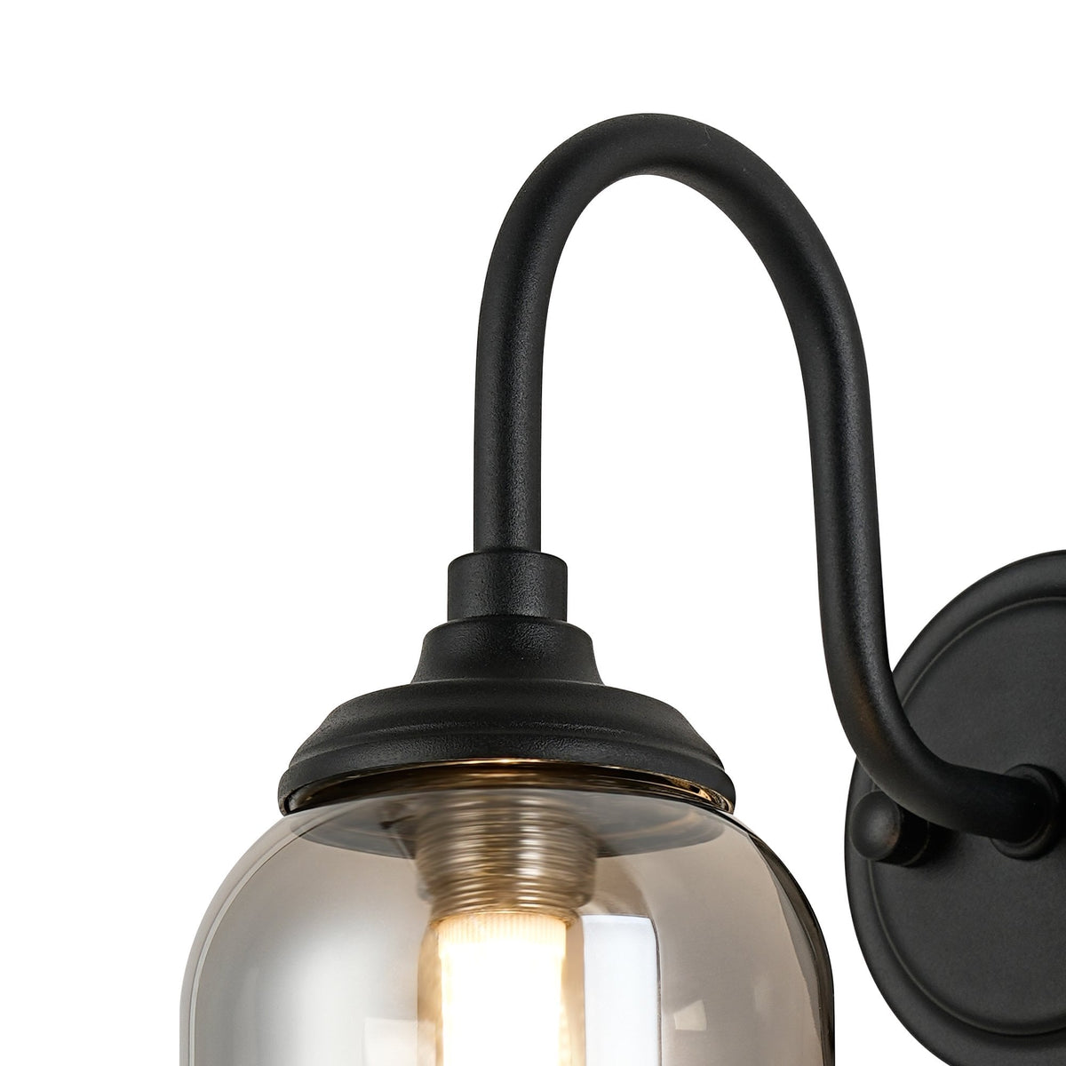 Loughton IP44 Curved Arm Wall Light in Satin Black with Smooth Tubular Glass Smoked Diffuser