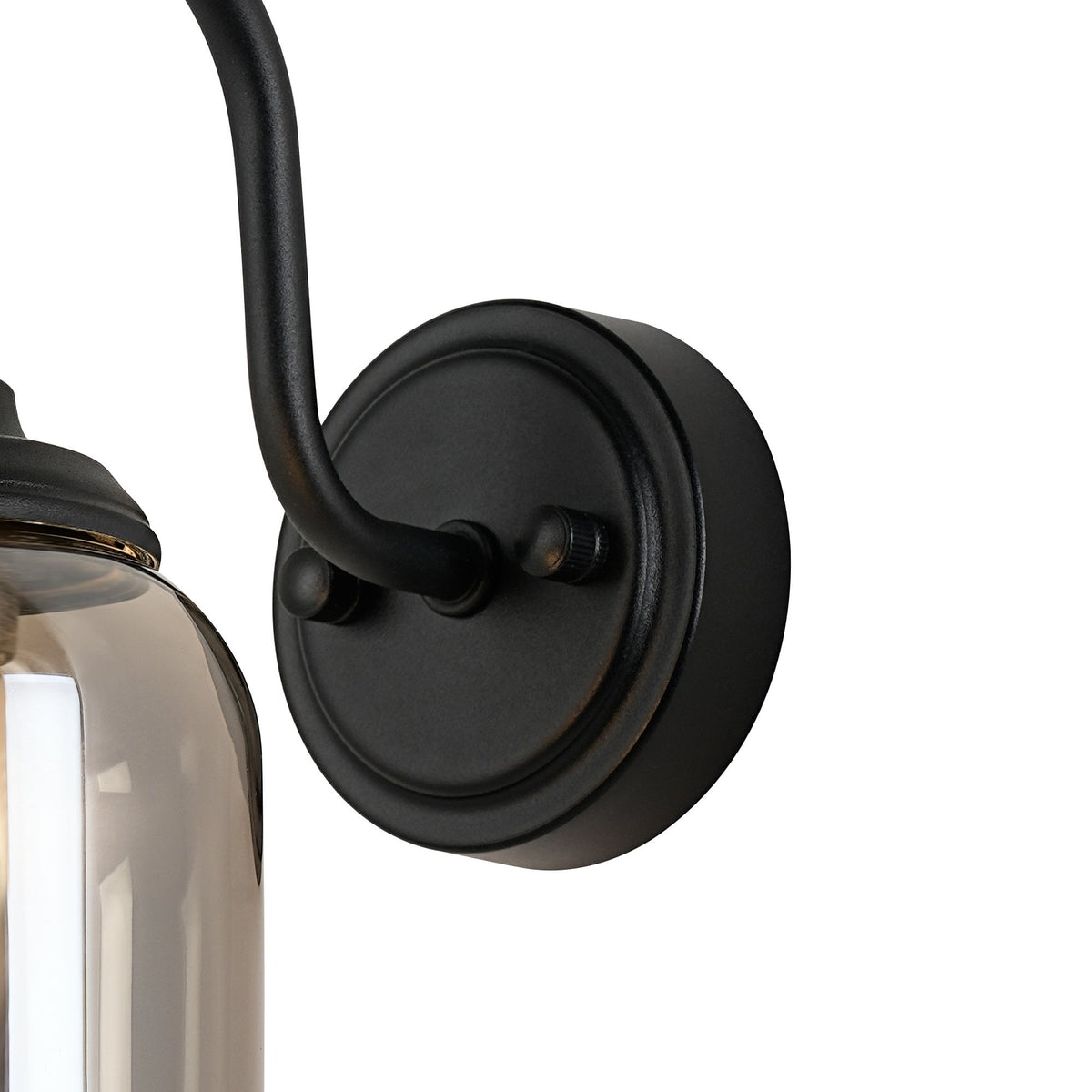 Loughton IP44 Curved Arm Wall Light in Satin Black with Smooth Tubular Glass Smoked Diffuser