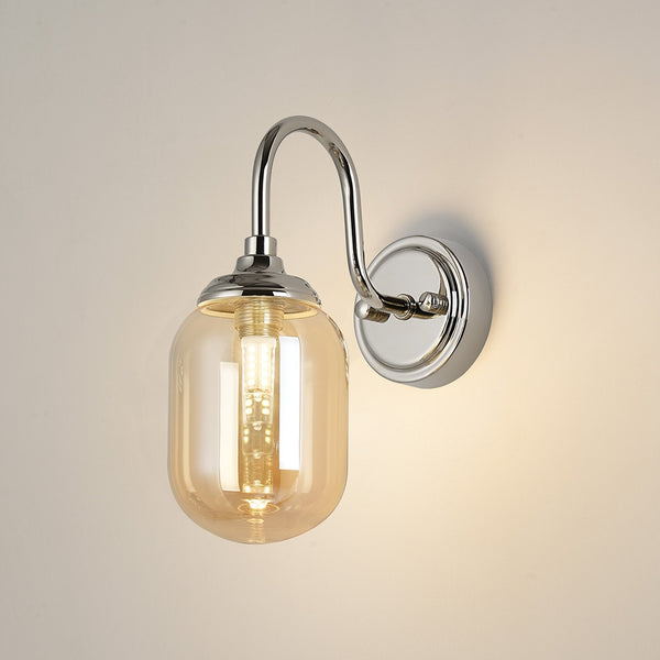 Loughton IP44 Curved Arm Wall Light in Polished Nickel with Smooth Tubular Glass Amber Diffuser