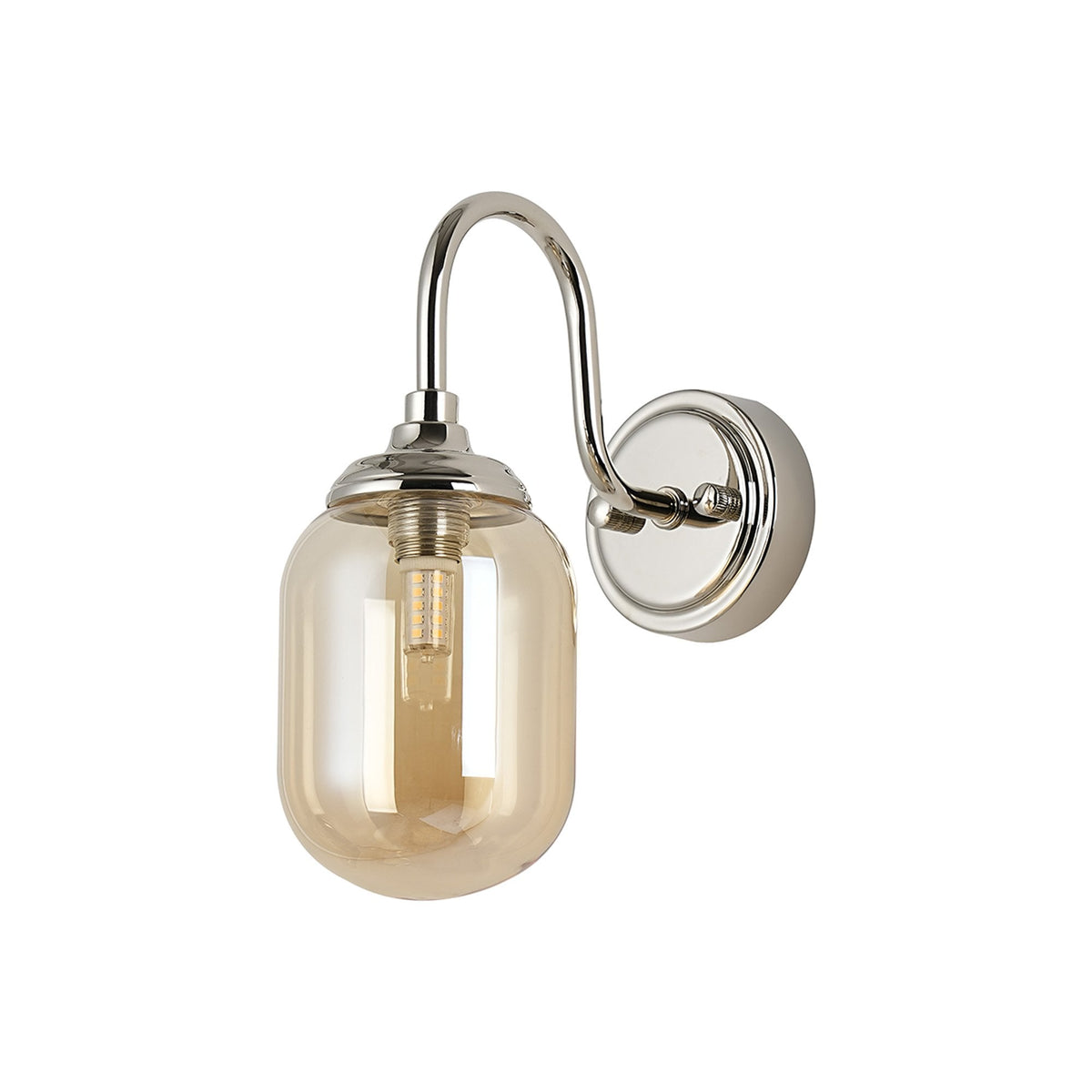 Loughton IP44 Curved Arm Wall Light in Polished Nickel with Smooth Tubular Glass Amber Diffuser