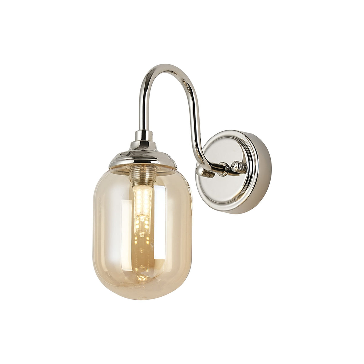 Loughton IP44 Curved Arm Wall Light in Polished Nickel with Smooth Tubular Glass Amber Diffuser