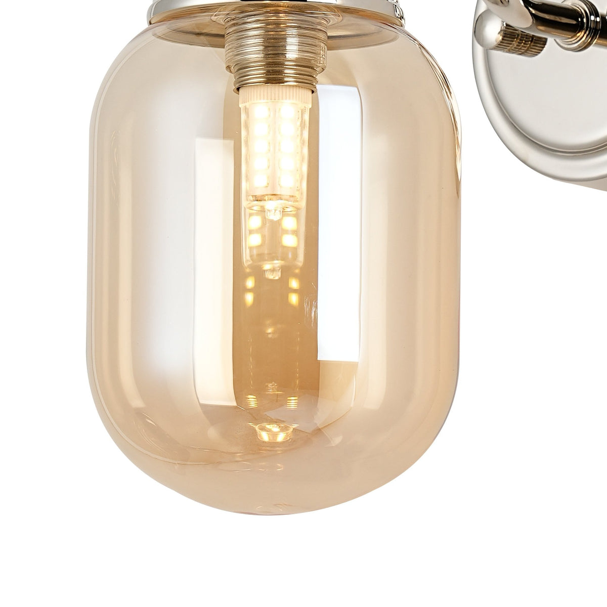 Loughton IP44 Curved Arm Wall Light in Polished Nickel with Smooth Tubular Glass Amber Diffuser