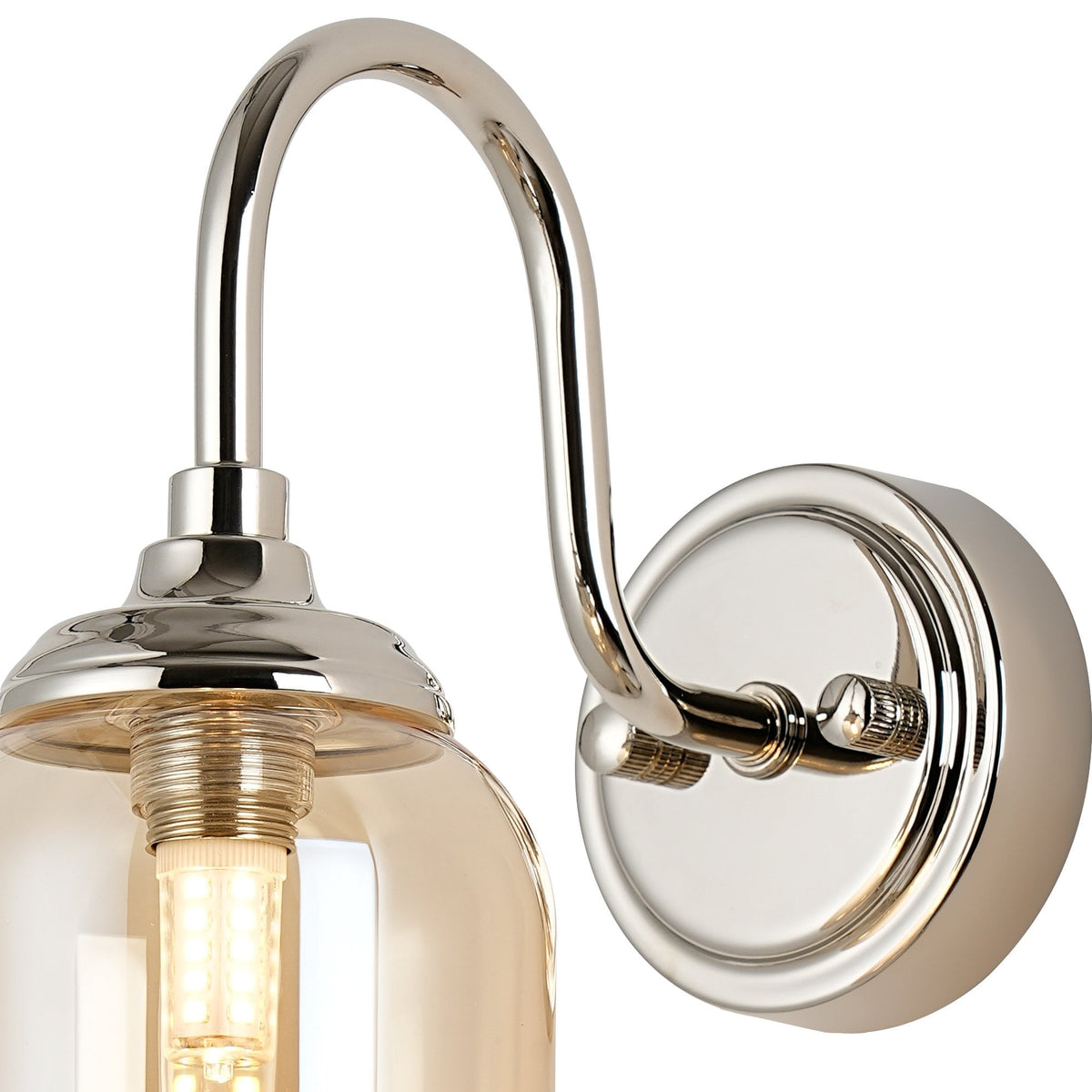 Loughton IP44 Curved Arm Wall Light in Polished Nickel with Smooth Tubular Glass Amber Diffuser