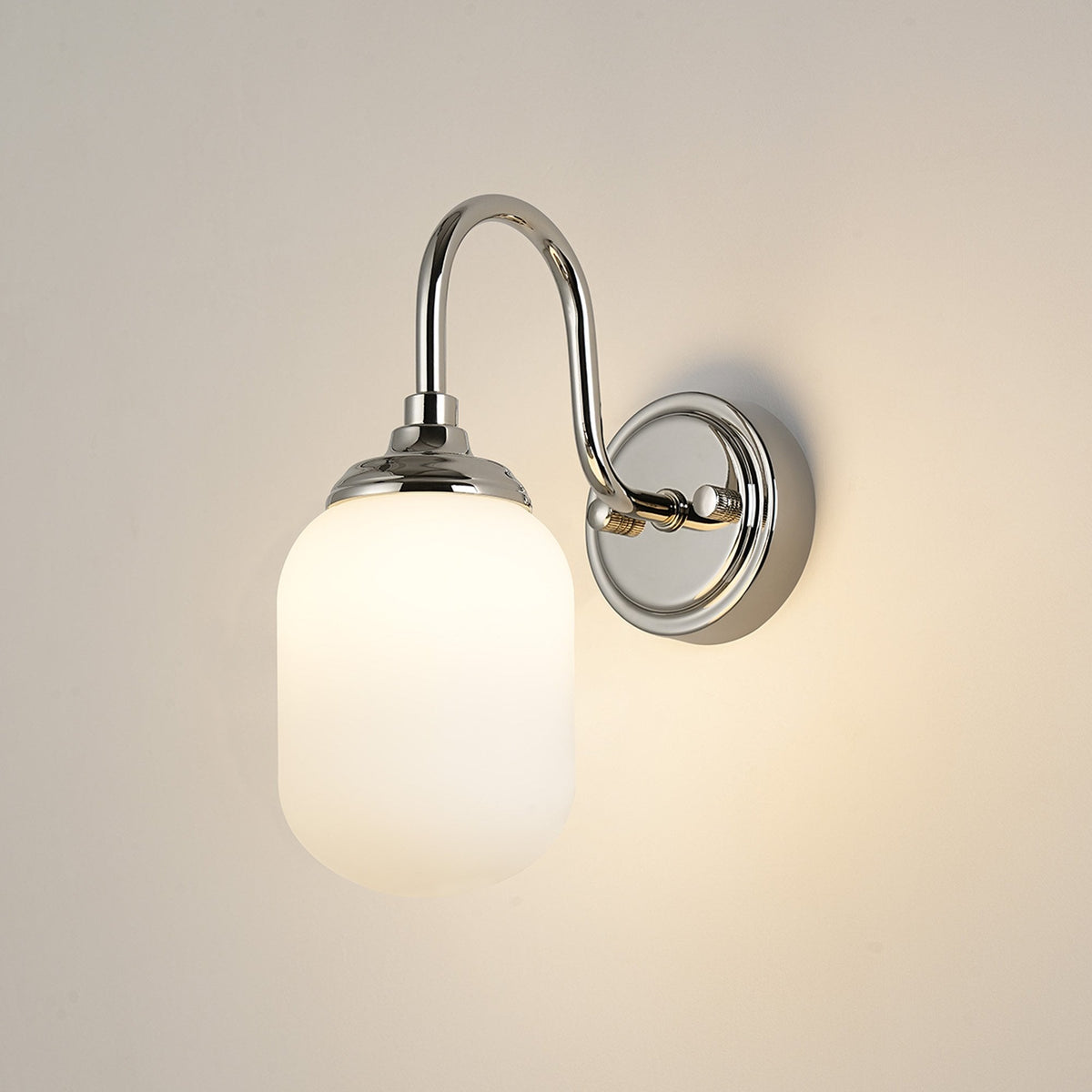 Loughton IP44 Curved Arm Wall Light in Polished Nickel with Smooth Tubular Glass Opal Diffuser