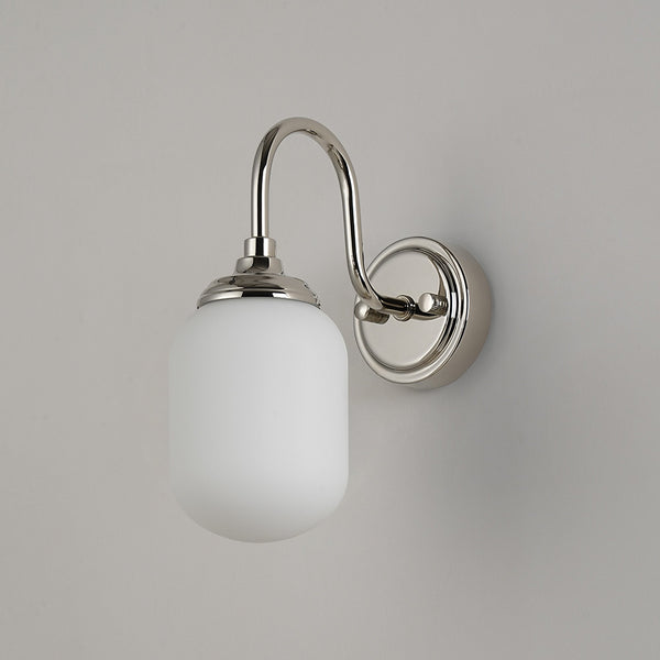 Loughton IP44 Curved Arm Wall Light in Polished Nickel with Smooth Tubular Glass Opal Diffuser