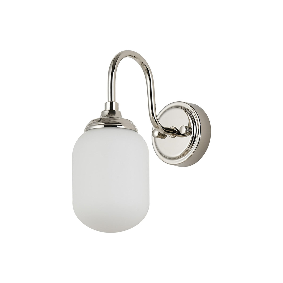 Loughton IP44 Curved Arm Wall Light in Polished Nickel with Smooth Tubular Glass Opal Diffuser