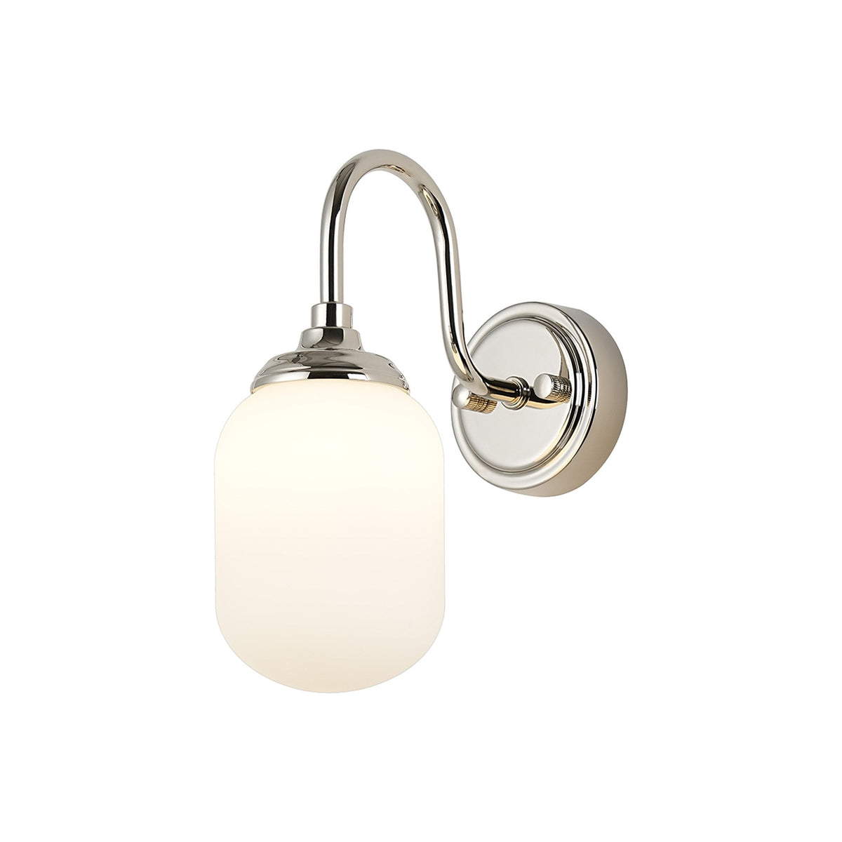 Loughton IP44 Curved Arm Wall Light in Polished Nickel with Smooth Tubular Glass Opal Diffuser