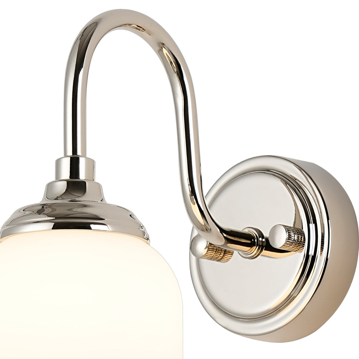 Loughton IP44 Curved Arm Wall Light in Polished Nickel with Smooth Tubular Glass Opal Diffuser