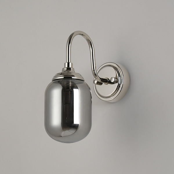 Loughton IP44 Curved Arm Wall Light in Polished Nickel with Smooth Tubular Glass Smoked Diffuser