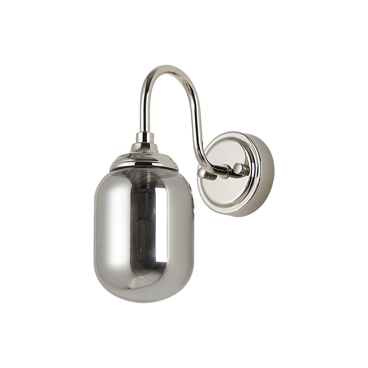 Loughton IP44 Curved Arm Wall Light in Polished Nickel with Smooth Tubular Glass Smoked Diffuser