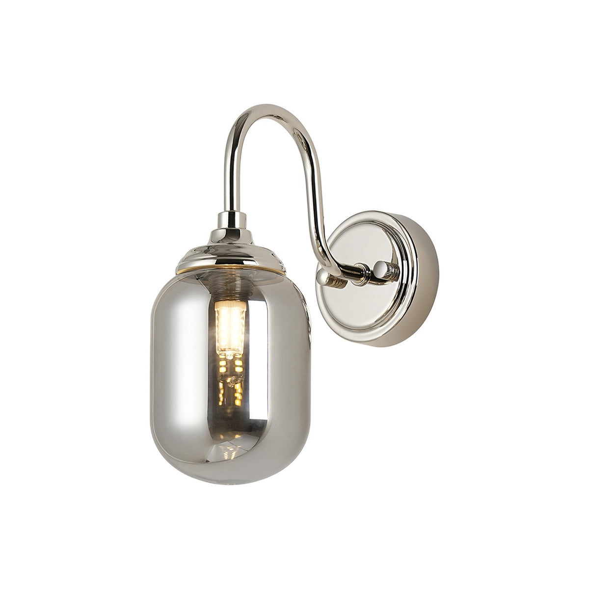 Loughton IP44 Curved Arm Wall Light in Polished Nickel with Smooth Tubular Glass Smoked Diffuser