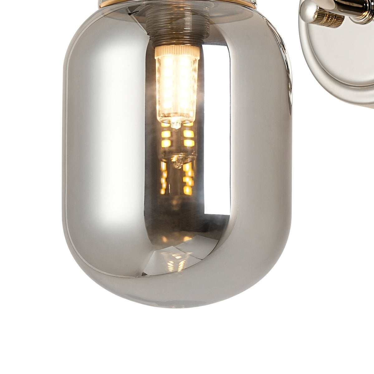 Loughton IP44 Curved Arm Wall Light in Polished Nickel with Smooth Tubular Glass Smoked Diffuser