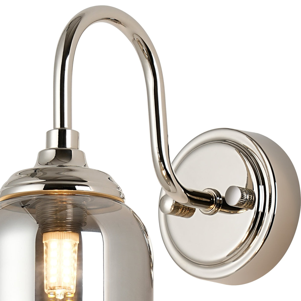 Loughton IP44 Curved Arm Wall Light in Polished Nickel with Smooth Tubular Glass Smoked Diffuser