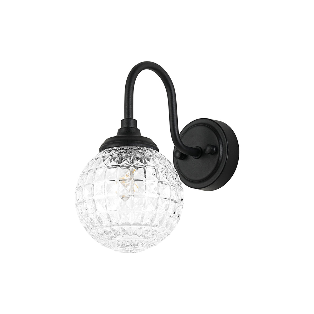 Loughton IP44 Curved Arm Wall Light in Satin Black with Cross Pattern Round Glass Clear Diffuser