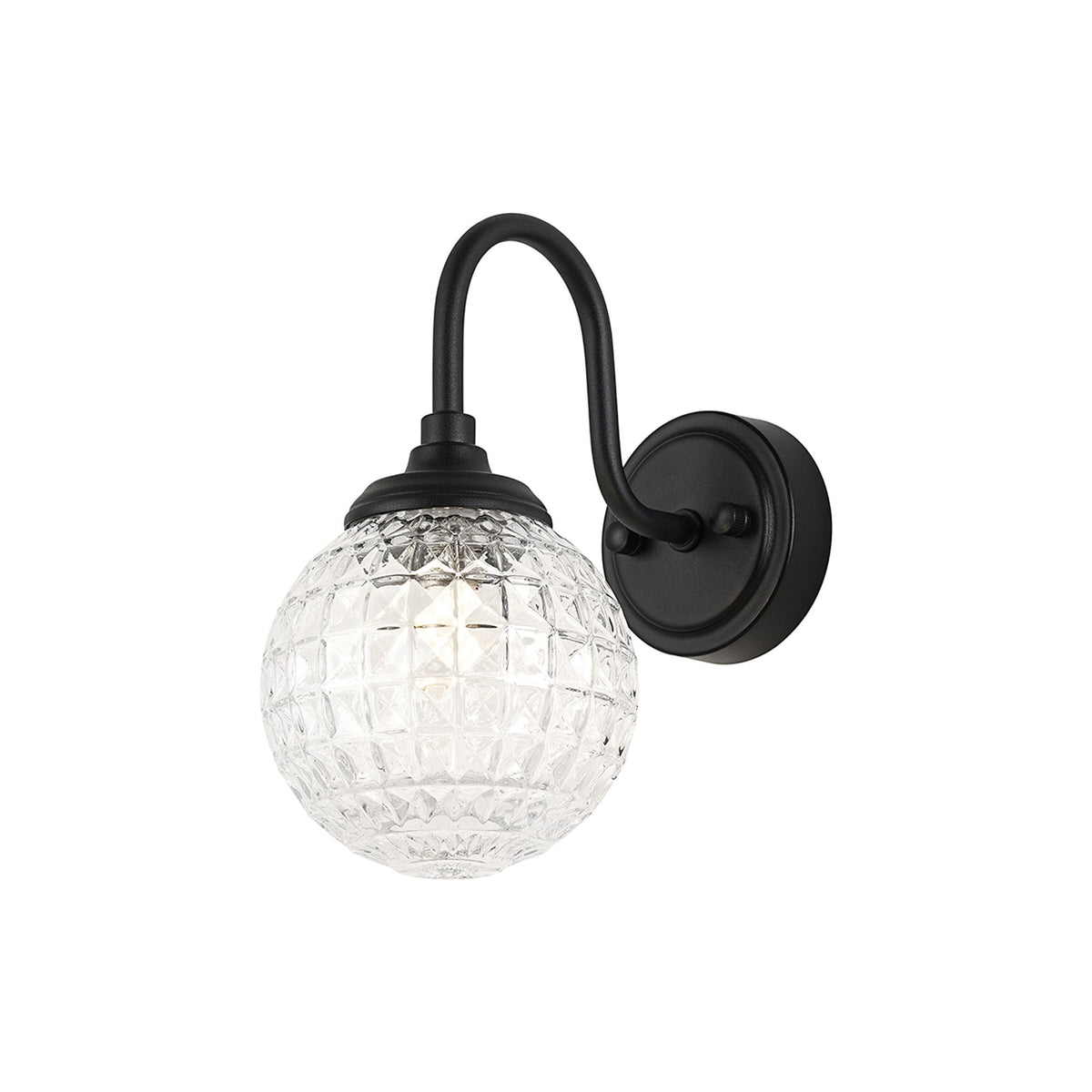 Loughton IP44 Curved Arm Wall Light in Satin Black with Cross Pattern Round Glass Clear Diffuser