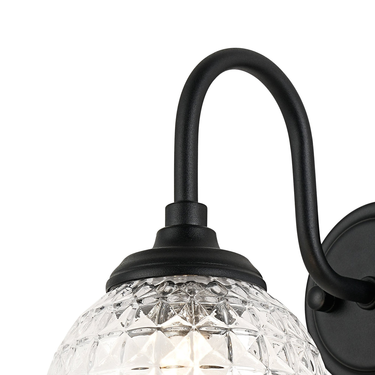 Loughton IP44 Curved Arm Wall Light in Satin Black with Cross Pattern Round Glass Clear Diffuser