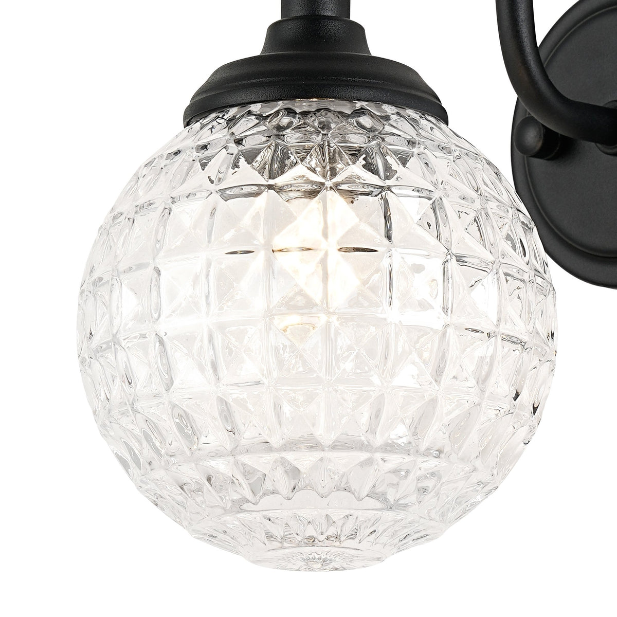 Loughton IP44 Curved Arm Wall Light in Satin Black with Cross Pattern Round Glass Clear Diffuser