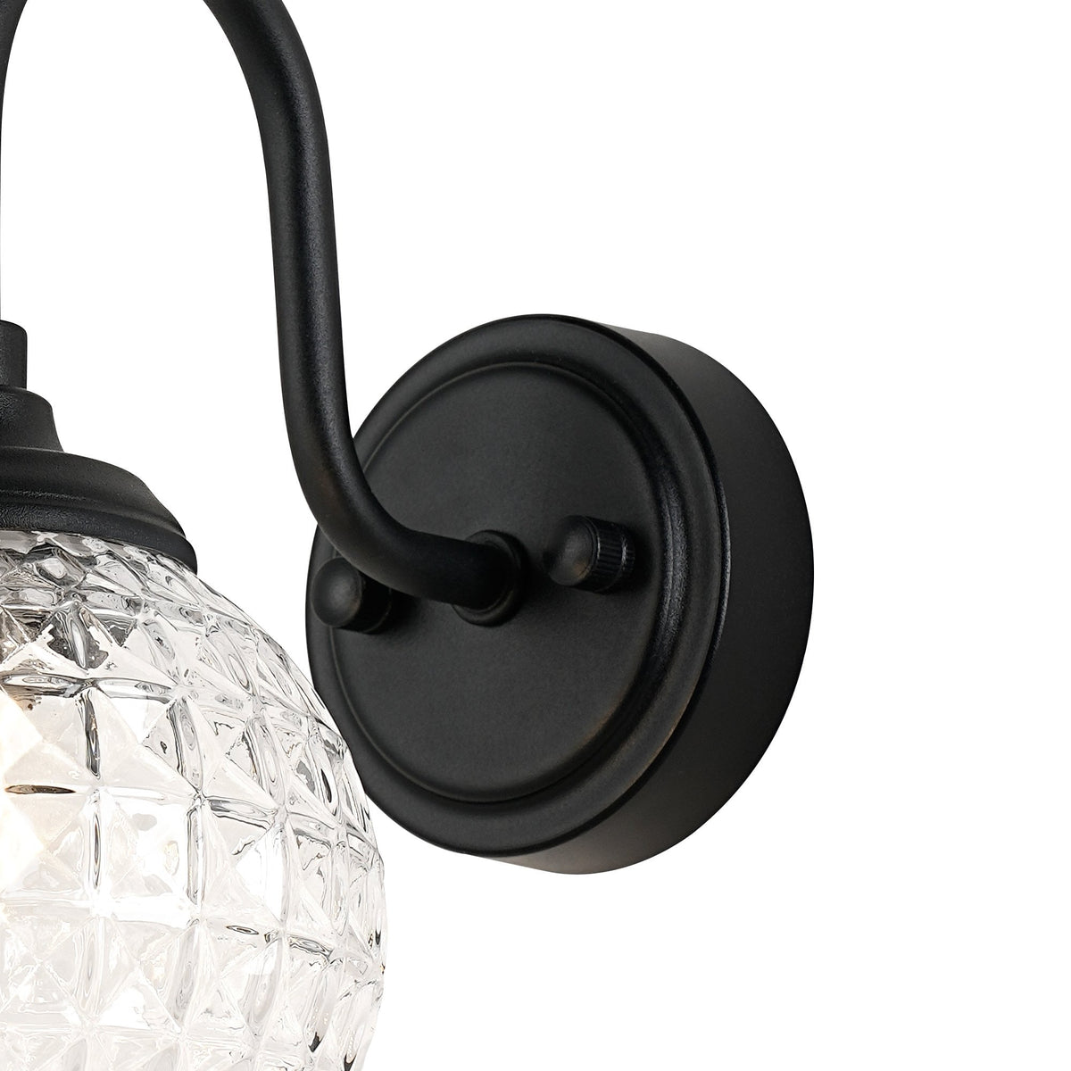 Loughton IP44 Curved Arm Wall Light in Satin Black with Cross Pattern Round Glass Clear Diffuser