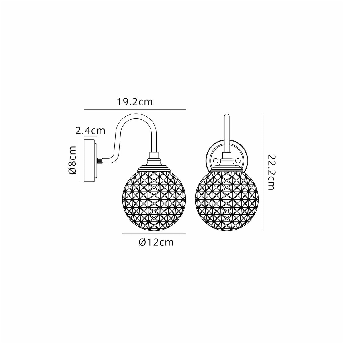 Loughton IP44 Curved Arm Wall Light in Polished Nickel with Cross Pattern Round Glass Clear Diffuser