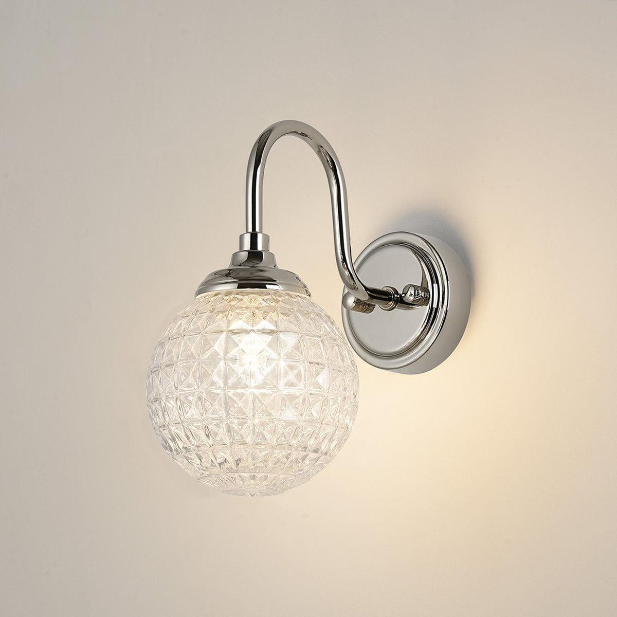 Loughton IP44 Curved Arm Wall Light in Polished Nickel with Cross Pattern Round Glass Clear Diffuser