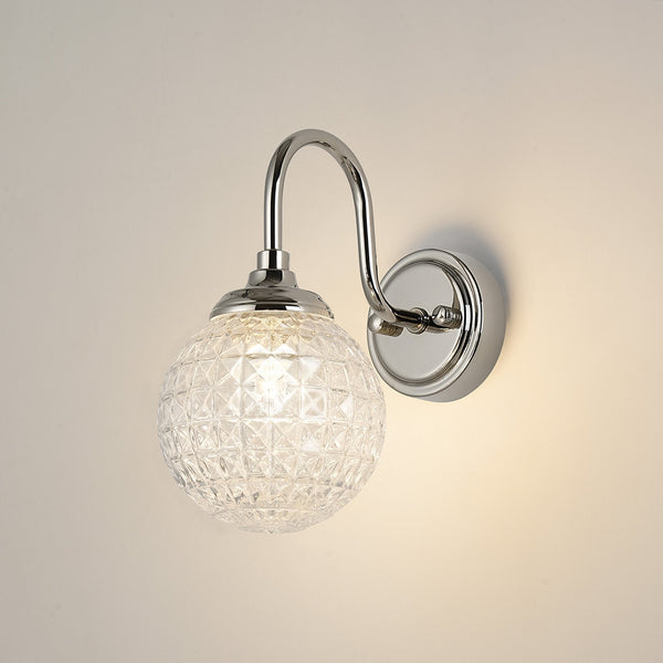 Loughton IP44 Curved Arm Wall Light in Polished Nickel with Cross Pattern Round Glass Clear Diffuser