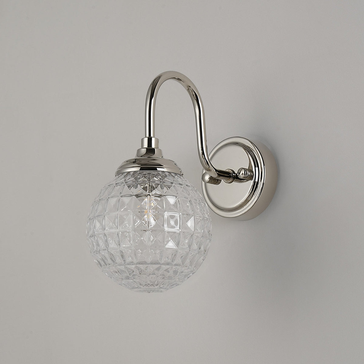 Loughton IP44 Curved Arm Wall Light in Polished Nickel with Cross Pattern Round Glass Clear Diffuser