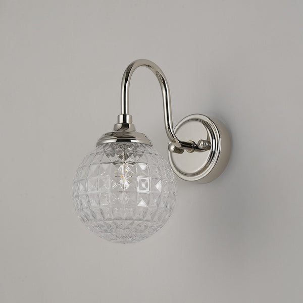 Loughton IP44 Curved Arm Wall Light in Polished Nickel with Cross Pattern Round Glass Clear Diffuser