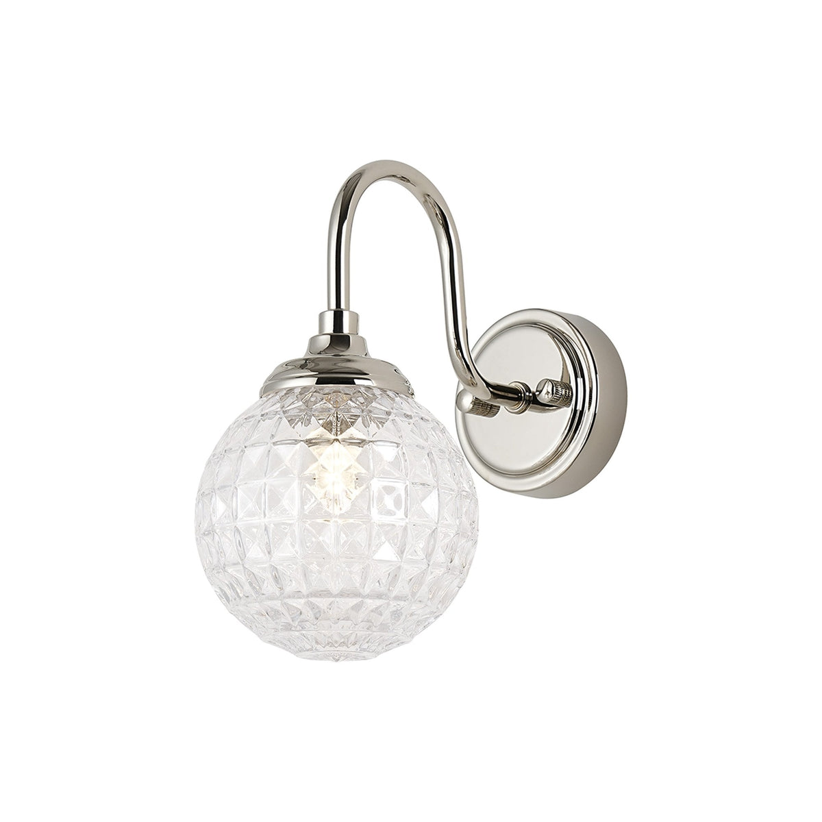 Loughton IP44 Curved Arm Wall Light in Polished Nickel with Cross Pattern Round Glass Clear Diffuser
