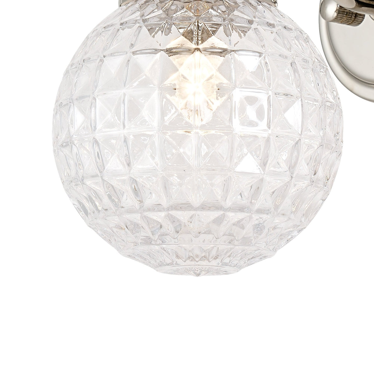 Loughton IP44 Curved Arm Wall Light in Polished Nickel with Cross Pattern Round Glass Clear Diffuser