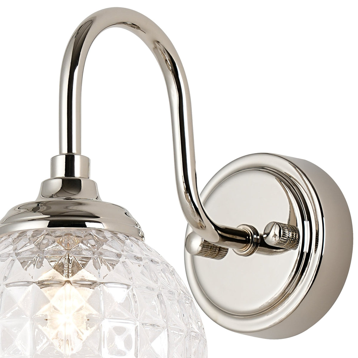 Loughton IP44 Curved Arm Wall Light in Polished Nickel with Cross Pattern Round Glass Clear Diffuser