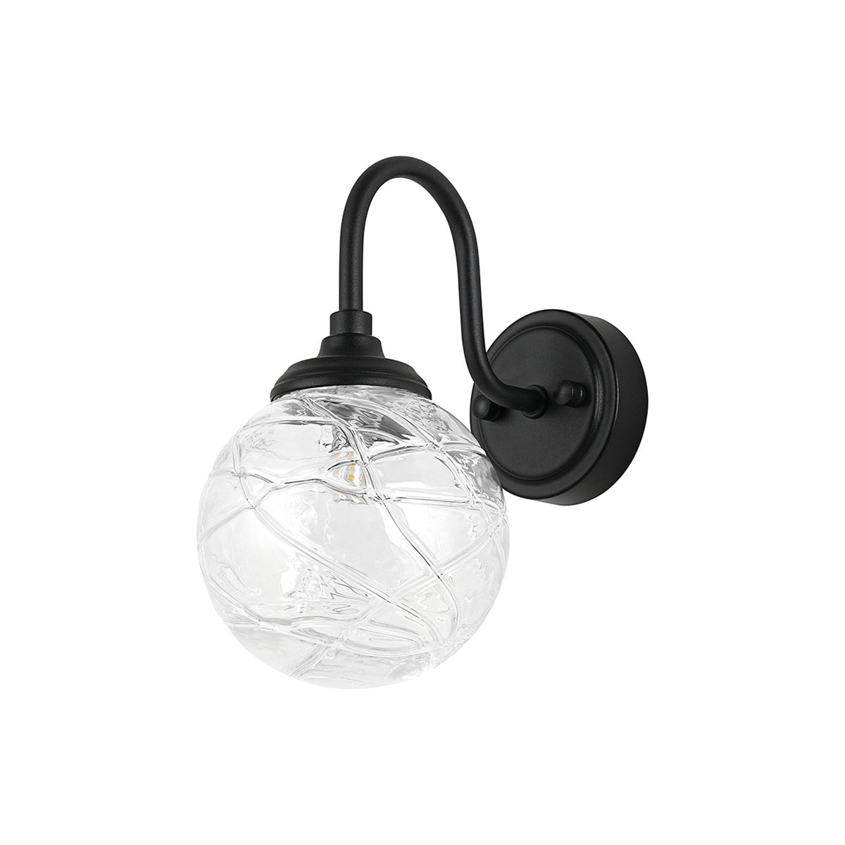 Loughton IP44 Curved Arm Wall Light in Satin Black with Dune Effect Round Glass Clear Diffuser