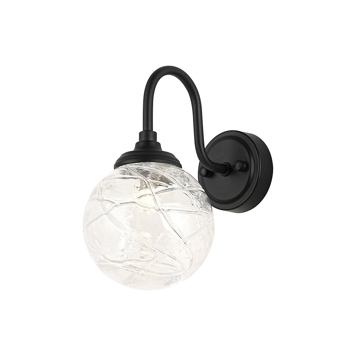 Loughton IP44 Curved Arm Wall Light in Satin Black with Dune Effect Round Glass Clear Diffuser