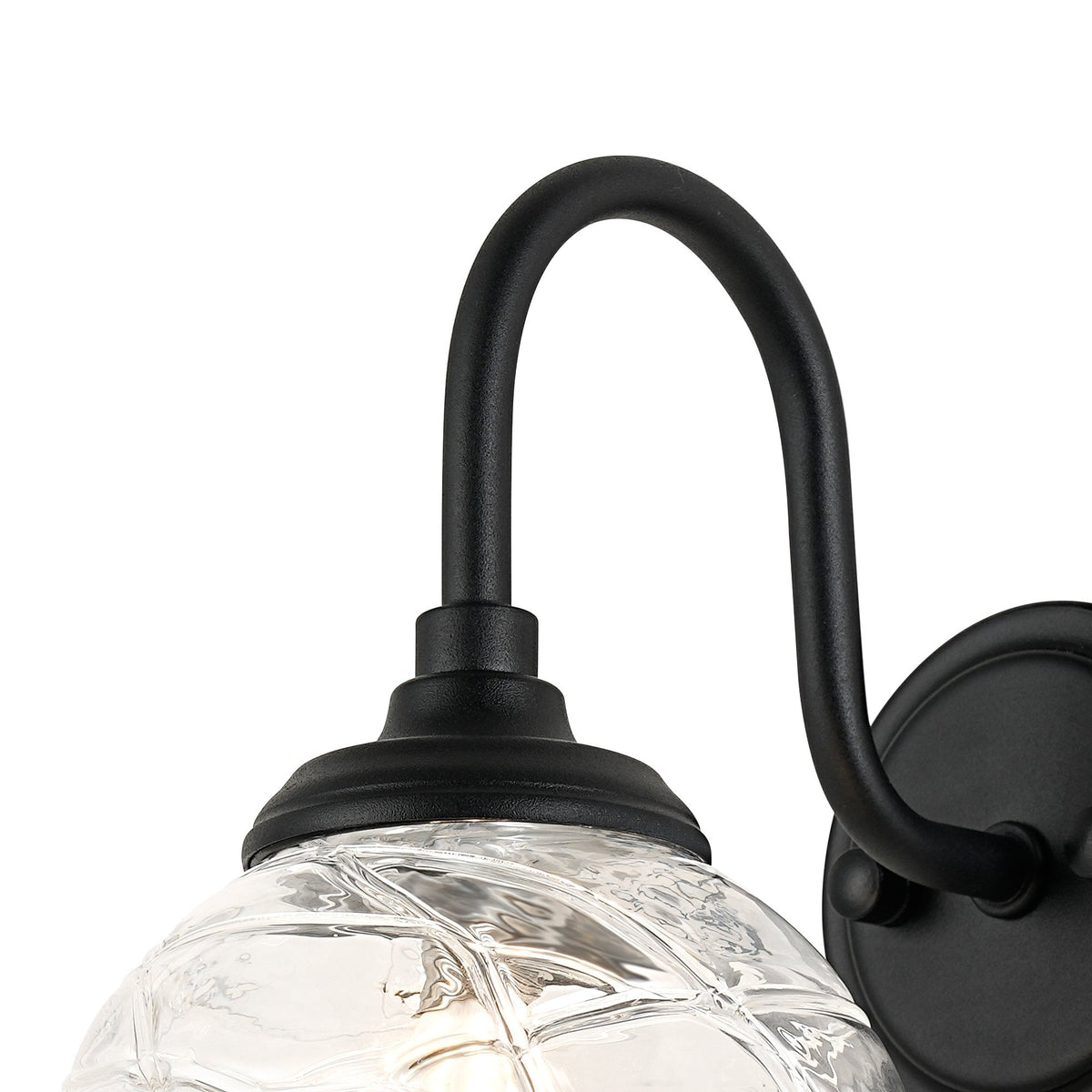 Loughton IP44 Curved Arm Wall Light in Satin Black with Dune Effect Round Glass Clear Diffuser