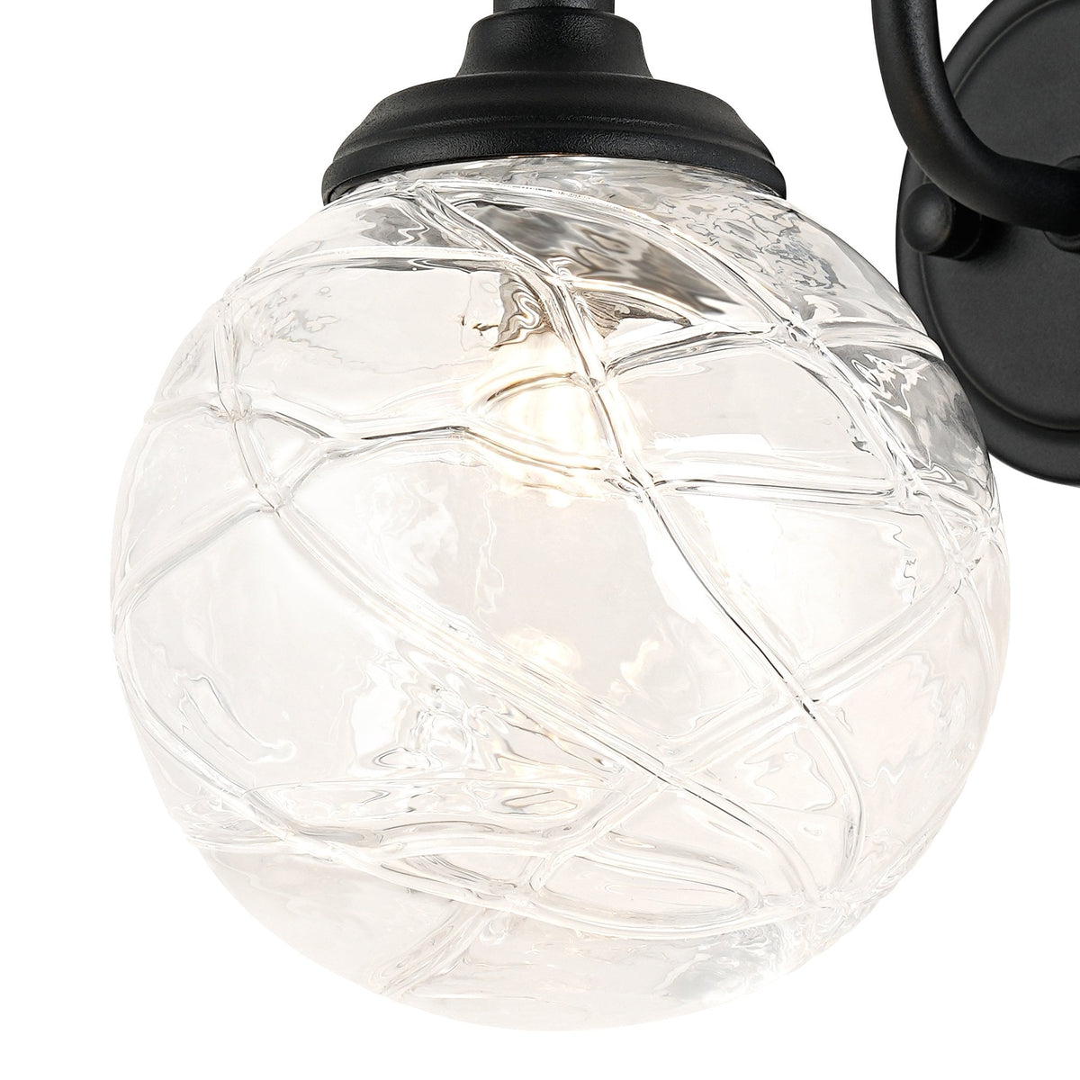 Loughton IP44 Curved Arm Wall Light in Satin Black with Dune Effect Round Glass Clear Diffuser