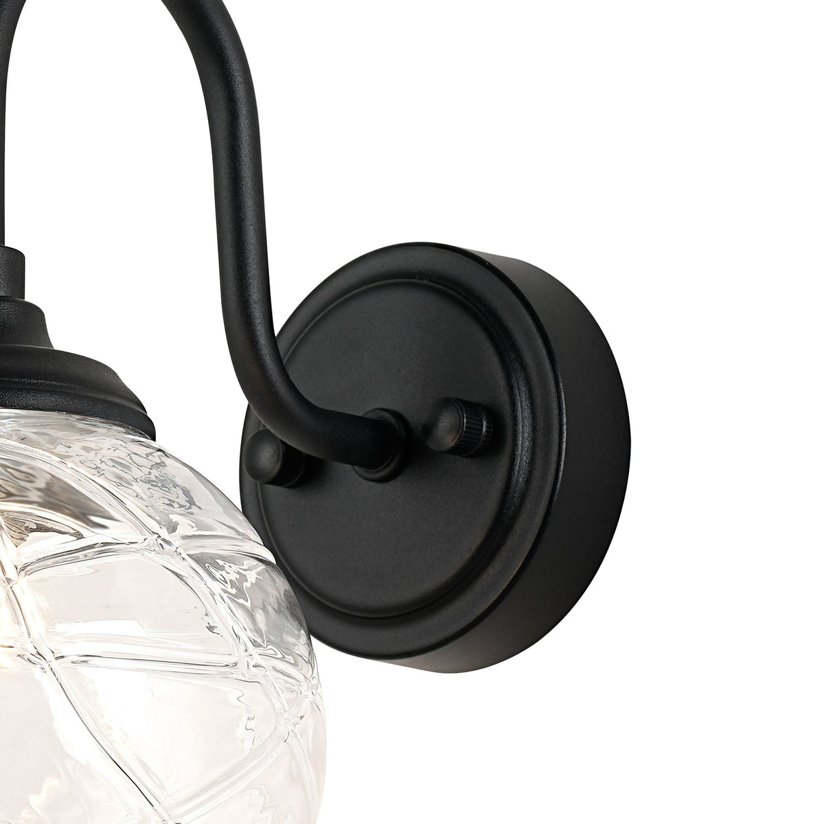 Loughton IP44 Curved Arm Wall Light in Satin Black with Dune Effect Round Glass Clear Diffuser