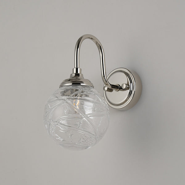Loughton IP44 Curved Arm Wall Light in Polished Nickel with Dune Effect Round Glass Clear Diffuser