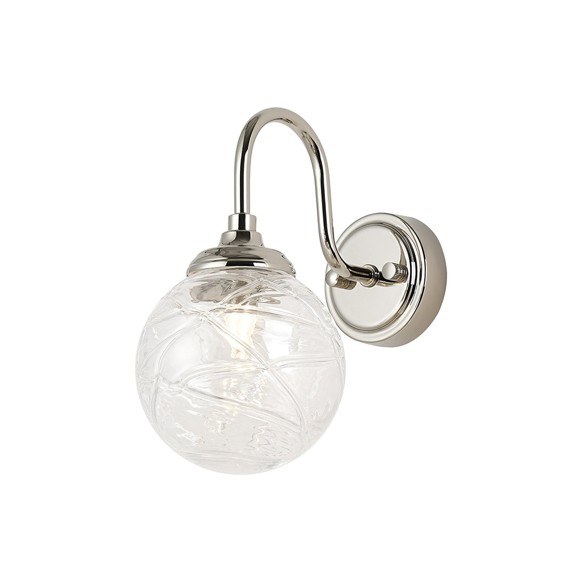 Loughton IP44 Curved Arm Wall Light in Polished Nickel with Dune Effect Round Glass Clear Diffuser