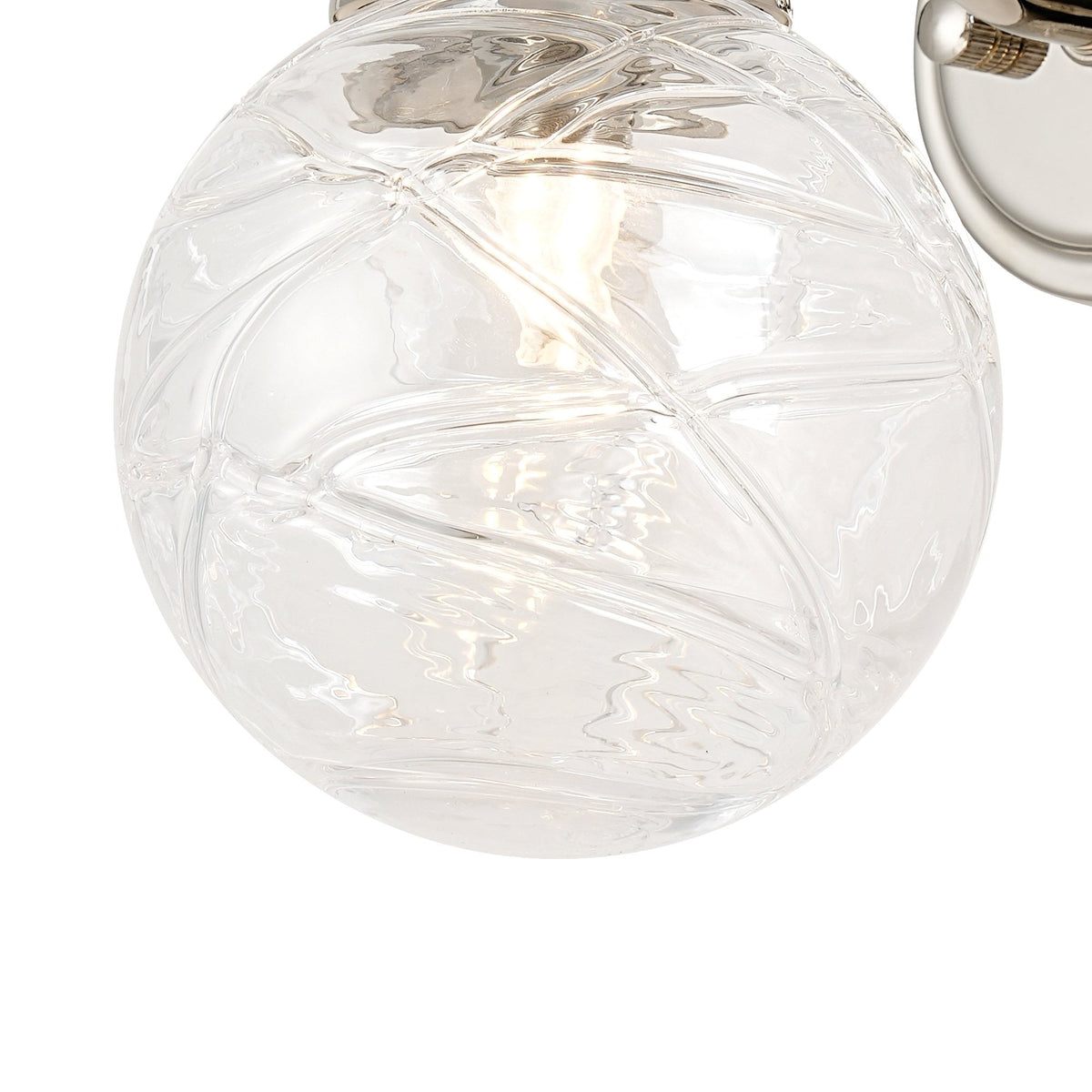 Loughton IP44 Curved Arm Wall Light in Polished Nickel with Dune Effect Round Glass Clear Diffuser