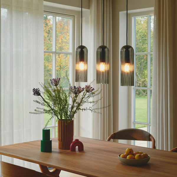 Miella Black Linear Pendant with Ribbed Smoked Glass Shade