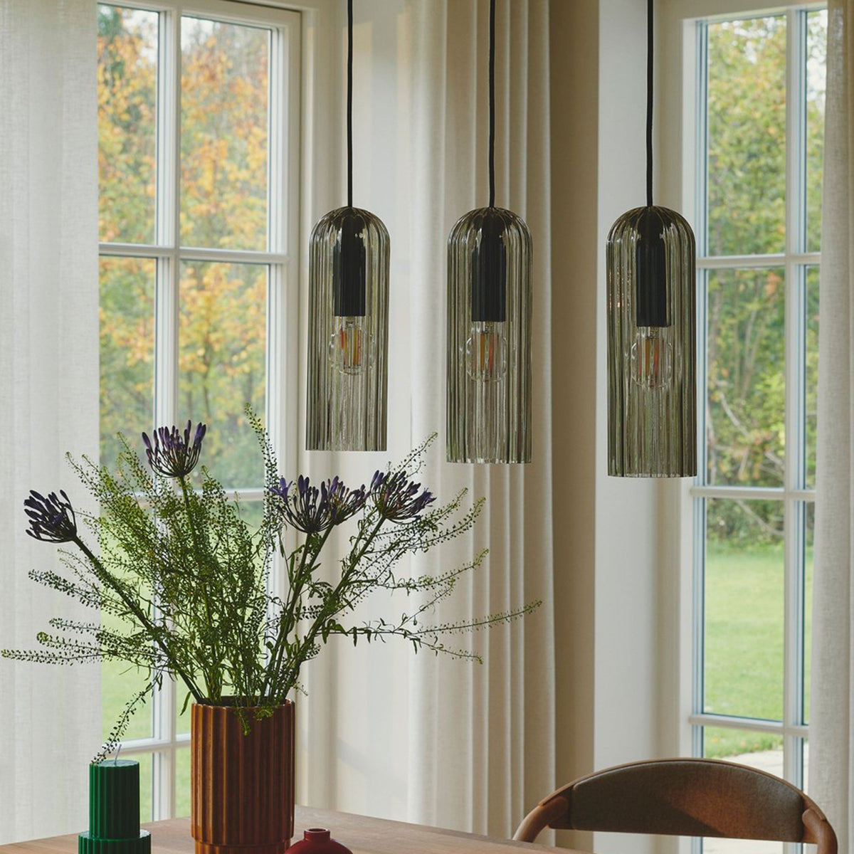 Miella Black Linear Pendant with Ribbed Smoked Glass Shade