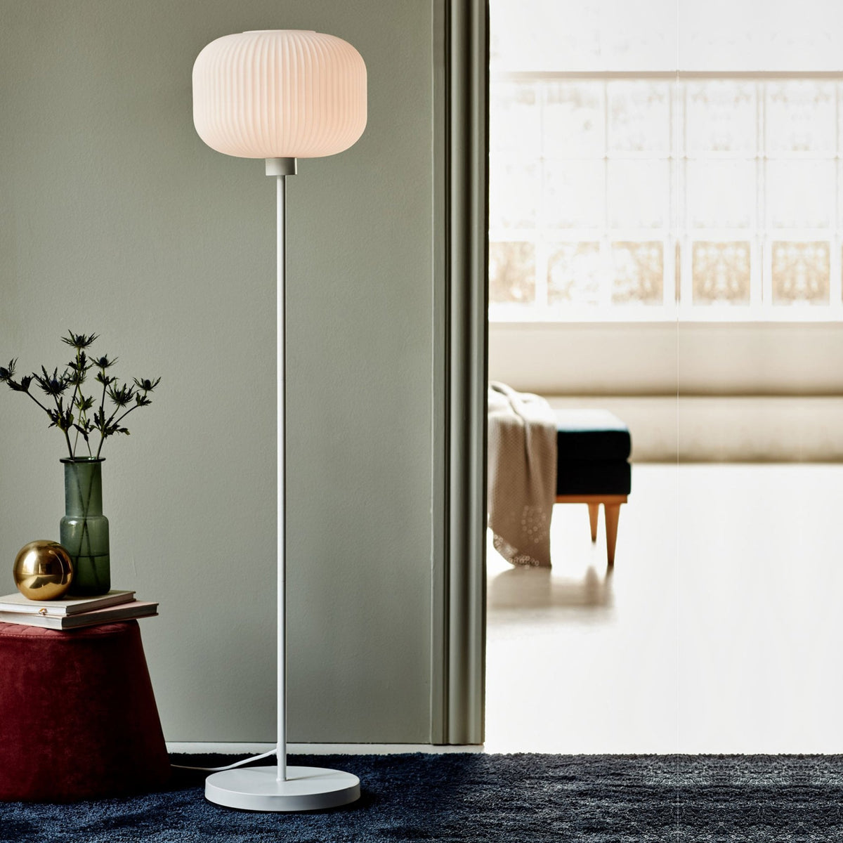 Milford Floor Lamp In White with Opal Glass Shades