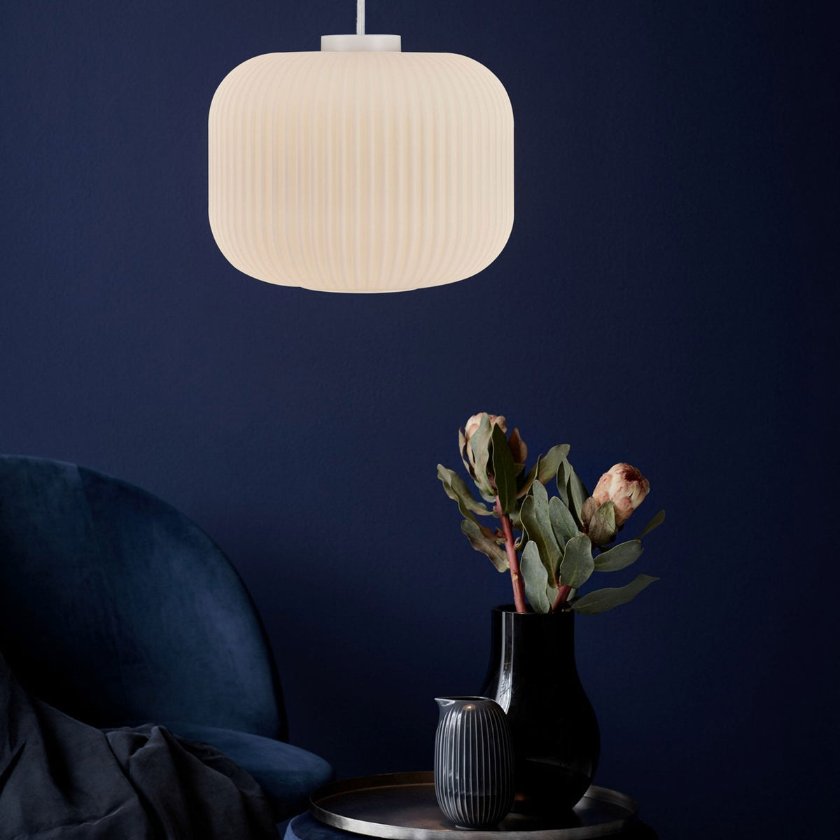 Milford 30 Pendant in White with Ribbed Opal Glass Shade