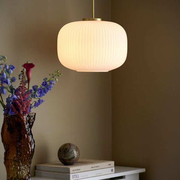 Milford 30 Pendant in White & Brass with Ribbed Opal Glass Shade