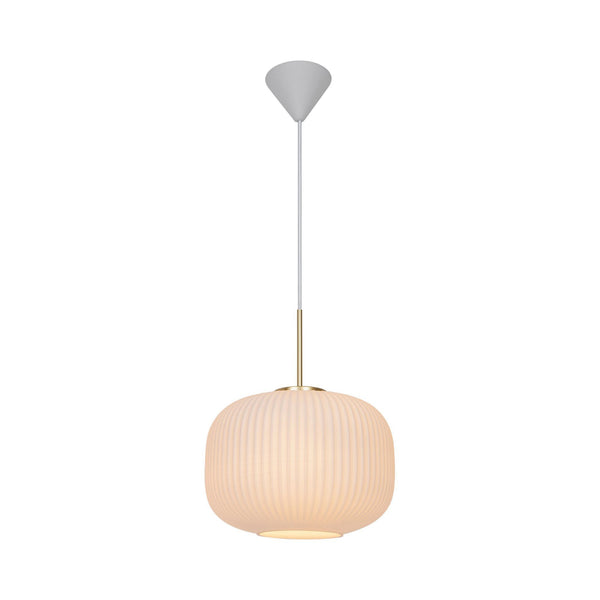 Milford 30 Pendant in White & Brass with Ribbed Opal Glass Shade