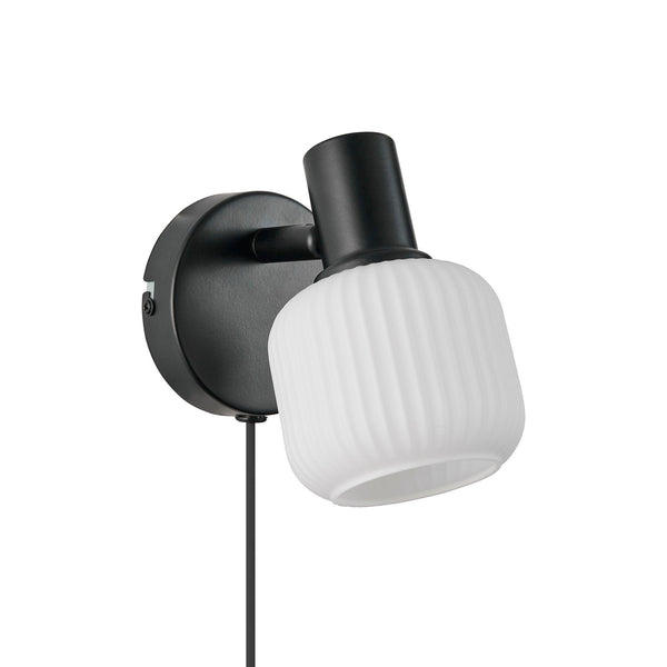 Milford Mini Plugged Wall Light In Black with Opal Glass Shade