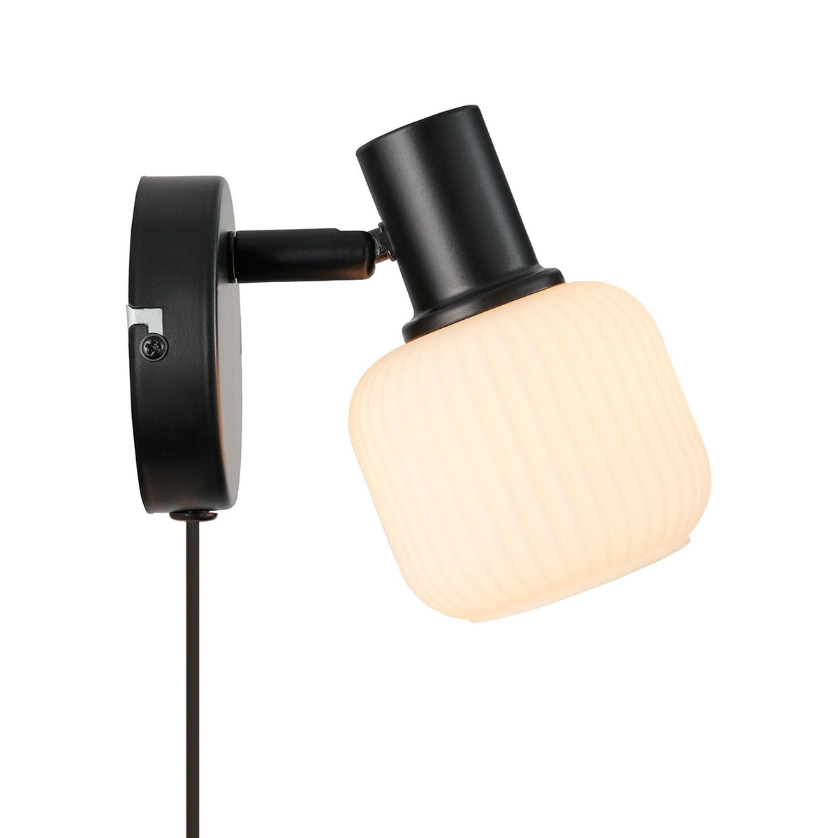 Milford Mini Plugged Wall Light In Black with Opal Glass Shade