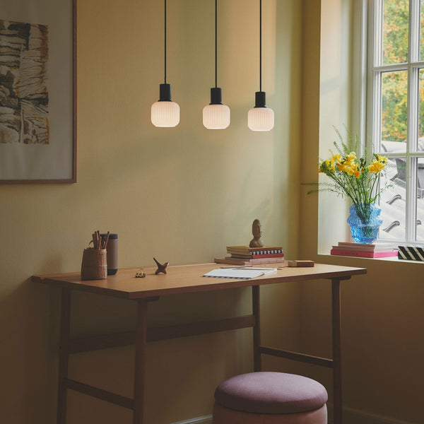 Milford Mini Linear Pendant in Black with Ribbed Opal Glass Shades